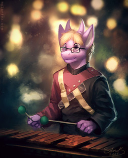anthro black_clothing black_topwear blonde_hair blurred_background clothed clothing eyewear fur glasses hair horn male mouth_closed pink_body pink_eyes pink_fur pink_horn rectangular_glasses red_clothing red_topwear solo text topwear mylafox mythology dragon furred_dragon furred_scalie mythological_creature mythological_scalie scalie 2017 dated signature url