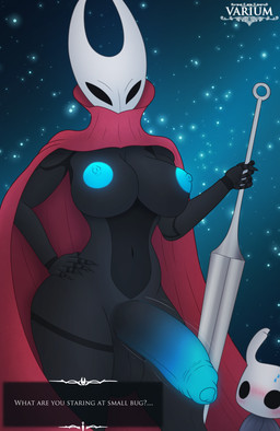 ambiguous_gender anthro areola balls big_balls big_breasts black_body black_eyes blush breasts cloak clothing crossgender duo foreskin ftg_crossgender fti_crossgender genitals glowing glowing_genitalia glowing_nipples gynomorph gynomorph_focus hand_on_hip holding_object holding_weapon horn huge_breasts intersex intersex_focus looking_at_viewer melee_weapon navel nipples penis presenting simple_background solo_focus standing sword text thick_thighs throbbing throbbing_penis topwear weapon conditional_dnp varium hollow_knight_(franchise) team_cherry hornet_(hollow_knight) the_knight_(hollow_knight) arthropod insect vessel_(species) absurd_res digital_media_(artwork) english_text hi_res