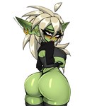 big_butt butt clothing ear_piercing ear_ring female green_body green_skin huge_butt legwear looking_at_viewer looking_back looking_back_at_viewer not_furry piercing ring_piercing simple_background solo thigh_highs thong underwear white_background twistingtoxic goblin humanoid