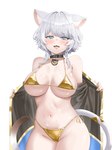 big_breasts blue_eyes breasts collar female gold_bra gold_panties grey_hair grey_tail hair navel one_fang simple_background solo tail white_background white_body white_hair white_skin white_tail adult_aongly honkai:_star_rail mihoyo cipher_(honkai:_star_rail) animal_humanoid cat_humanoid felid felid_humanoid feline feline_humanoid humanoid mammal mammal_humanoid absurd_res hi_res