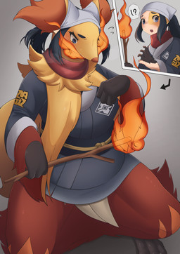 anthro asian_clothing before_and_after blue_eyes blue_hair bodily_fluids brown_body brown_fur clothing directional_arrow east_asian_clothing female fur fur_growth grey_background growth hair holding_object holding_stick human_to_anthro inner_ear_fluff interrobang kneeling long_hair looking_down mid_transformation red_body red_fur simple_background solo species_transformation stick surprised sweat tears transformation tuft yellow_body neko_kaminari80 nintendo pokemon pokemon_legends_arceus akari_(pokemon) canid delphox generation_6_pokemon human mammal pokemon_(species) 2022 absurd_res hi_res shaded