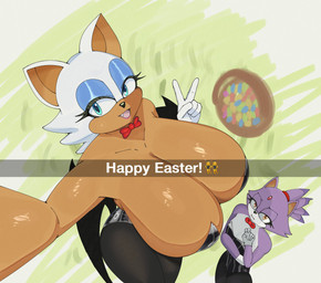 basket big_breasts breasts bunny_costume cleavage clothed clothing container costume duo easter_egg female flat_chested fur grass high-angle_view holiday_message holidays huge_breasts large_female looking_at_viewer plant purple_body purple_fur selfie tall_female text white_body white_fur mylifeamovie easter sega sonic_the_hedgehog_(series) blaze_the_cat rouge_the_bat bat felid feline mammal absurd_res english_text hi_res