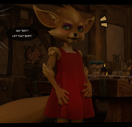 anthro blush clothing dialogue dress eyeshadow holding_skirt_down makeup male male/male nervous offscreen_character short_dress solo speech_bubble surprised tavern_background text sighorin hi-rez_studios paladins_(game) pip_(paladins) vulpin 3d_(artwork) digital_media_(artwork) english_text hi_res
