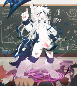 ambiguous_gender anthro anthro_on_anthro balls book clothing flaccid fur genitals group hair hat headgear headwear interrobang kemono long_hair magic magic_circle magic_user male male/ambiguous nipples open_mouth open_smile pawpads penis pink_pawpads red_eyes shota smile solo_focus text torn_clothing white_body white_fur white_hair wizard_hat young young_anthro young_male dr.kiyo canid canine mammal 2022 absurd_res chinese_text hi_res translated