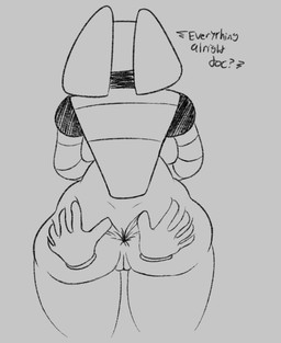 ambiguous_gender anthro anus big_butt butt disembodied_hand duo female female/ambiguous first_person_view genitals grey_background machine question question_mark simple_background solo_focus spread_butt spreading standing text thick_thighs vulva roccorox asida_(roccorox) canid canine canis domestic_dog mammal robot robot_anthro 2017 digital_media_(artwork) english_text monochrome sketch