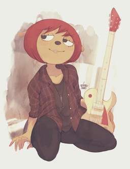 5_fingers anthro bottomwear clothed clothing electric_guitar female fingers flannel_shirt guitar hair horn jewelry kneeling looking_aside musical_instrument pants pendant plucked_string_instrument red_hair smile solo string_instrument tan_body bzeh parappa_the_rapper sony_corporation sony_interactive_entertainment um_jammer_lammy lammy_lamb bovid caprine mammal sheep 2022 hi_res