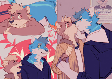 anthro blush clothing cutaway duo hoodie jacket kissing male male/male orange_eyes topwear hemuchang shin_(hemuchang) canid canine canis mammal mustelid otter wolf hi_res watermark