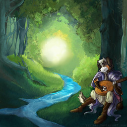 anthro bard creek detailed_background fantasy forest fur lute male medieval multicolored_body multicolored_fur music musical_instrument plant plucked_string_instrument solo string_instrument tree varinxo darwin_james australian_shepherd canid canine canis domestic_dog herding_dog mammal pastoral_dog sheepdog 1:1 hi_res