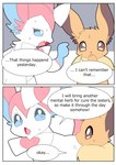 ambiguous_gender border colored dialogue duo eevee eeveelution english_text female_(lore) feral generation_1_pokemon generation_6_pokemon hi_res male_(lore) nintendo okazu pokemon pokemon_(species) scolding simple_background speech_bubble sylveon text translated two_panel_image white_background white_border