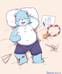 anthro bed belly black_nose blue_body blush bottomwear clothing eyes_closed furniture kemono lying male navel nipples overweight overweight_male pillow shorts sleeping white_body young young_anthro young_male kemonuo bonasiah full_attack sophring_hao bear mammal 2021 5:6