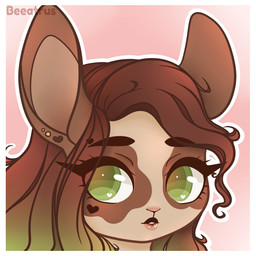 anthro border brown_body brown_hair brown_skin chibi ear_piercing glistening glistening_eyes green_eyes green_hair hair heart_(marking) heart_catchlight heart_eyes heart_symbol highlights_(coloring) lips lipstick long_hair makeup markings mottled piercing solo tan_body tan_skin wavy_hair white_border beeatrus sandry_vallheim lagomorph leporid mammal rabbit 1:1 2021 colored digital_drawing_(artwork) digital_media_(artwork) headshot_portrait icon portrait trans_(lore) trans_woman_(lore)