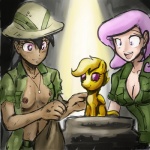 1:1 2012 alternate_species areola armor artifact big_breasts breasts cleavage clothed clothing daring_do_(mlp) duo female fleur_de_lis_(mlp) friendship_is_magic hair hasbro hat headgear headwear helmet human humanized jewelry john_joseco mammal my_little_pony navel necklace nipples not_furry pink_hair pith_helmet scootaloo_(mlp)