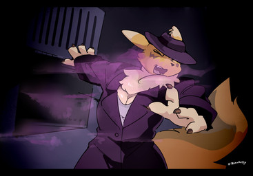 anthro big_breasts breasts cleavage clothed clothed_anthro clothed_female clothing detective detective_hat ear_piercing ear_ring female fluffy fluffy_tail fur multicolored_body multicolored_fur piercing pink_gas ring_piercing solo tail two_tone_body two_tone_fur ventilation_shaft white_body white_fur yellow_body yellow_fur zinnick bandai_namco digimon canid digimon_(species) mammal renamon 2025 absurd_res hi_res story story_in_description