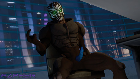beckoning bodypaint chair erection face_paint furniture genitals gesture glowing glowing_eyes looking_at_viewer male nude on_chair penis seductive sitting sitting_on_chair solo table window azphyr bioware electronic_arts mass_effect nihlus_kryik alien humanoid turian 16:9 3d_(artwork) digital_media_(artwork) hi_res widescreen