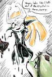 anthro armor blush bodily_fluids crystal dialogue duo female floating guilty hair headgear helmet looking_away male speech_bubble sweat text dragonweirdo nintendo the_legend_of_zelda twilight_princess link_(wolf_form) midna canid canine canis humanoid imp mammal wolf english_text hi_res