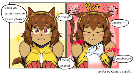 2_panel_comic ambiguous_gender anthro biped blush blush_lines bodily_fluids brown_body brown_fur brown_hair chin_scratch clothed clothed_anthro clothed_female clothing dialogue disembodied_hand duo ears_down eyes_closed eyewear eyewear_on_head female female_anthro first_person_view fur goggles goggles_on_head hair looking_at_viewer onomatopoeia pink_eyes pivoted_ears snout solo_focus sound_effects speech_bubble sweat sweatdrop tail talking_to_another talking_to_viewer tan_body tan_skin text whiskers kantaro_gashilo gameoverse glitch_productions kit_bodega felid feline mammal 2026 artist_name comic english_description english_text hi_res