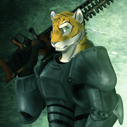 anthro armor cheek_tuft clothed clothing facial_tuft fur gauss_rifle green_eyes grey_nose gun head_tuft holding_gun holding_object holding_ranged_weapon holding_weapon looking_at_viewer male male_anthro neck_tuft ranged_weapon solo tuft weapon white_body white_fur yellow_body yellow_fur solaxe_(artist) fallout microsoft ulbrek felid mammal pantherine tiger 1:1 bust_portrait portrait