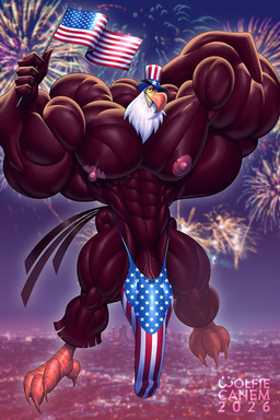 abs american_flag american_flag_hat american_flag_underwear anthro balls_outline biceps big_muscles bulge clothed clothing detailed_bulge fireworks genital_outline genitals hat headgear headwear holidays huge_muscles humanoid_genitalia humanoid_penis hyper hyper_muscles ineffective_clothing male muscular muscular_anthro muscular_male nipples pecs penis penis_base penis_outline pink_nipples skimpy solo speedo swimwear united_states_of_america vein veiny_penis waving_flag wolfiecanem 4th_of_july angry_birds rovio_entertainment sega mighty_eagle accipitrid accipitriform avian bald_eagle bird eagle sea_eagle 2026 dated hi_res signature