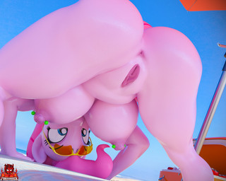 anthro anus areola beach big_breasts big_butt biped blue_eyes breasts butt eyelashes eyewear female genitals glistening glistening_areola glistening_breasts glistening_butt glistening_nipples hair looking_through looking_through_legs nipple_piercing nipples outside piercing pink_areola pink_body pink_breasts pink_hair pink_nipples pupils solo sunglasses vulva forsaken_(artist) friendship_is_magic hasbro my_little_pony pinkie_pie_(mlp) equid equine horse mammal pony 3d_(artwork) 5:4 digital_media_(artwork) hi_res