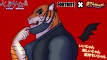 anthro face_mask fangs fur grinning_at_viewer looking_at_viewer male muscular muscular_anthro muscular_male orange_body orange_fur solo teeth text conditional_dnp kbh_kazuhisa deco_27_(producer) epic_games fortnite vampire_(deco_27) oscar_(fortnite) felid mammal pantherine tiger 2023 hi_res japanese_text translated