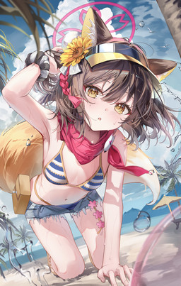 accessory all_fours animal_ears bag bare_shoulders beach beach_umbrella bent_over bikini blush bodily_fluids bottomwear bracelet breasts brown_hair clothing cloud denim denim_bottomwear denim_clothing denim_shorts detailed_background female flower fluffy_ears hair hair_accessory hair_between_eyes halo jewelry navel open_mouth parasol pattern_bikini pattern_clothing pattern_swimwear plant scarf short_hair shorts small_breasts striped_bikini striped_clothing striped_swimwear stripes sunflower sweat swimwear tail tree two-piece_swimsuit wet wet_body yellow_eyes mojoawa blue_archive nexon izuna_(blue_archive) animal_humanoid canid canid_humanoid canine canine_humanoid fox_humanoid humanoid mammal mammal_humanoid absurd_res hi_res