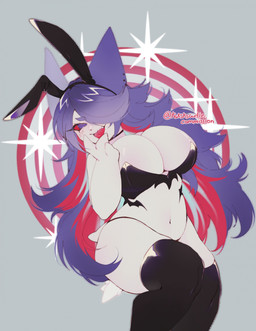 black_bra black_clothing black_legwear black_underwear bra clothing ear_piercing fake_ears female female_humanoid hair legwear looking_at_viewer open_mouth piercing purple_eyes purple_hair red_hair red_sclera red_tongue solo tongue tongue_out underwear white_body sonyan humanoid hi_res