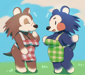 anthro apron apron_only belly big_breasts black_nose blue_body blue_quills breasts brown_body brown_quills butt cheek_markings circle_eyebrows cleavage clothed clothing cloud duo eyebrows eyes_closed facial_markings female freckled_face freckles gloves_(marking) grass head_markings kemono leg_markings markings multicolored_body open_mouth open_smile pattern_apron pattern_clothing plaid plaid_apron plaid_clothing plant quill_hair raised_arms sagging_breasts short_tail side_view simple_background sky slightly_chubby slightly_chubby_anthro slightly_chubby_female smile snout socks_(marking) tail talking_to_another white_body totonpe animal_crossing nintendo mabel_able sable_able eulipotyphlan hedgehog mammal 2025 digital_drawing_(artwork) digital_media_(artwork) hi_res sibling_(lore) sister_(lore) sisters_(lore)