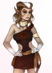 armlet bag belt brown_eyes clothing collar dress female gloves_(marking) hair hands_on_hips markings multicolored_hair solo two_tone_hair stringmouse thundercats thundercats_1985 pumyra animal_humanoid cat_humanoid felid felid_humanoid feline feline_humanoid humanoid mammal mammal_humanoid