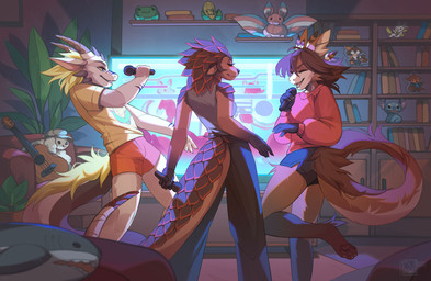 anthro biped bottomwear butt claws clothed clothed_anthro clothed_female clothed_male clothing eyes_closed female fingers front_view fully_clothed fully_clothed_anthro fully_clothed_female fully_clothed_male fur group horn inside male rear_view smile standing tail teeth tongue topwear trio cordi mythology dragon mammal mythological_creature mythological_scalie pangolin scalie 2025 digital_drawing_(artwork) digital_media_(artwork) hi_res