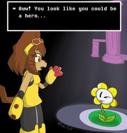 anthro arm_cannon armor blep brown_hair clothing duo eyewear female flower goggles hair leaf male one_eye_closed petals pillar plant tail text tongue tongue_out wink yellow_clothing soder_cat gameoverse glitch_productions undertale undertale_(series) flowey_the_flower kit_bodega domestic_cat elemental_creature felid feline felis flora_fauna flower_creature mammal absurd_res crossover digital_media_(artwork) english_text hi_res