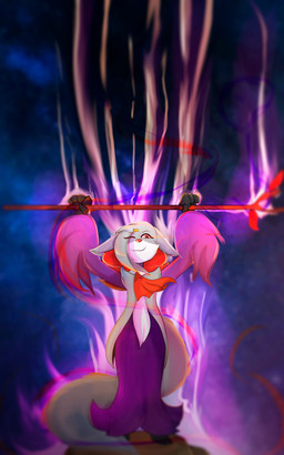 anthro aura energy magic male mystical power staff wand kitsunekotaro nintendo pokemon canid canine delphox generation_6_pokemon mammal pokemon_(species) shiny_pokemon 5:8 hi_res