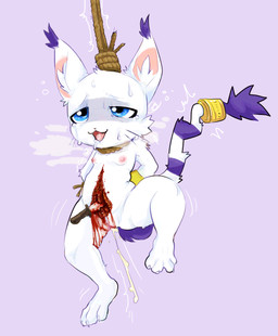 bdsm blood blue_eyes bodily_fluids bondage bound breasts female fur genital_fluids genitals gore gore_focus gutspill hanged peeing restraints rope rope_bondage rope_harness small_breasts urine vulva white_body white_fur young gorebunny bandai_namco digimon digimon_(species) hi_res