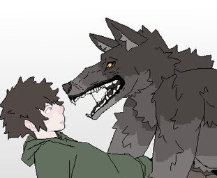 anthro bodily_fluids bottomwear brown_hair clothed clothed_anthro clothed_male clothing duo fangs femboy fur green_clothing green_hoodie green_topwear grey_body grey_fur grey_inner_ear_fluff grey_nose hair hoodie inner_ear_fluff looking_at_another male open_mouth pants saliva saliva_string simple_background teeth topwear tuft white_background yellow_sclera mertvykhcrows mythology canid canine canis human mammal mythological_canine mythological_creature werecanid werecanine werecreature werewolf wolf 2026 digital_media_(artwork) hi_res pixel_(artwork)
