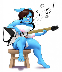 alternate_species annoyed anthro barefoot big_breasts black_hair blue_body blue_fur breasts buckteeth electric_guitar feet female female_anthro fur furniture green_eyes guitar hair holding_guitar holding_musical_instrument holding_object looking_down musical_instrument musical_note musical_symbol nipples playing_guitar playing_music plucked_string_instrument sitting sitting_on_stool solo stool string_instrument symbol teeth white_body white_fur amara_burrger hasbro littlest_pet_shop littlest_pet_shop_(2012) josh_sharp lagomorph leporid mammal rabbit 2020 digital_media_(artwork) full-length_portrait hi_res portrait