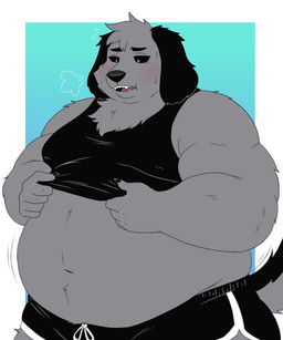 anthro belly big_belly biped black_clothing black_sclera blue_background blush bodily_fluids bottomwear breath chubby_cheeks clothed clothing clothing_pull dolphin_shorts double_chin dressing fat_arms fluffy fluffy_tail fur grey_body grey_fur male moobs obese obese_anthro obese_male orange_eyes overweight overweight_anthro overweight_male pupils shirt shirt_pull shorts simple_background slit_pupils solo standing sweat sweaty_face tail tank_top three-quarter_view topwear topwear_pull undersized_clothing undersized_topwear weight_gain allel444aiko ghost_(chumblings) canid canine mammal skeleton_dog 2026 absurd_res digital_media_(artwork) hi_res portrait three-quarter_portrait unavailable_at_source