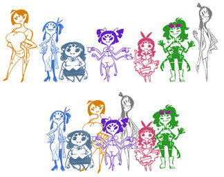 6_arms clothed clothing female group hair long_hair multi_arm multi_eye multi_limb short_hair size_difference minus8 undertale undertale_(series) fan_character muffet arachnid arthropod monster spider