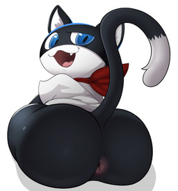 anthro anus big_butt black_body black_butt black_fur black_mask blue_eyes bottomless bubble_butt butt clothed clothing dipstick_tail fangs femboy fur grey_body grey_fur half-closed_eyes huge_butt kerchief male markings mask multicolored_tail narrowed_eyes open_mouth pink_anus puffy_anus pupils raised_tail red_kerchief shirt simple_background smile smirk solo t-shirt tail tail_markings teeth tongue topwear white_background white_body white_clothing white_fur white_shirt white_topwear jerseydevil atlus megami_tensei persona_(series) persona_5 sega morgana_(persona) domestic_cat felid feline felis mammal tuxedo_cat 2021 absurd_res digital_media_(artwork) hi_res