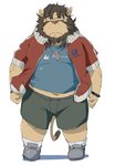 anthro belly bottomwear clothing eyewear glasses humanoid_hands kemono male navel overweight overweight_anthro overweight_male shirt shorts simple_background solo topwear white_background train_(artist) felid lion mammal pantherine 2018