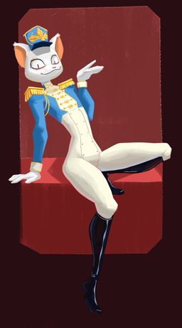 boots clothing footwear fur gold_(metal) hat headgear headwear latex male male/male parade_outfit red_background shoes simple_background smile solo white_body white_fur bleating_dip felid feline mammal hi_res shaded