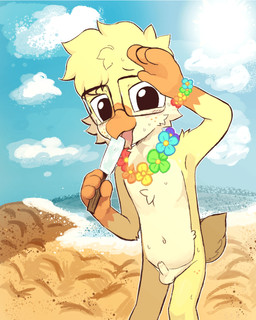 anthro beach bodily_fluids male nude outside solo sweat tail tail_motion tailwag young c4rtridgeboy anatid anseriform avian bird duck 4:5 animated hi_res