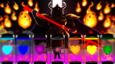 ambiguous_gender anthro armor cape clothing container crown dagger duo energy_trident energy_weapon fire fireball headgear horn magic male mature_anthro mature_male melee_weapon polearm shirt soul spear topwear trident weapon pdubbsquared undertale undertale_(series) asgore_dreemurr frisk_(undertale) boss_monster_(undertale) bovid caprine human mammal 16:9 4k absurd_res hi_res wallpaper widescreen