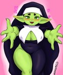 4_fingers big_breasts blush blush_lines breasts cleavage clothed clothing female fingers green_body green_eyes green_skin heart_symbol horizontal_pupils huge_breasts humanoid_pointy_ears looking_at_viewer navel_outline nipple_outline nun nun_habit nun_outfit open_mouth open_smile pink_background pointy_ears pupils purple_clothing reaching_towards_viewer religious_clothing short_stack simple_background smile solo thick_thighs white_clothing wide_hips squishcap goblin humanoid