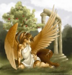 apple apple_tree breasts brown_hair classical clothing cloud column detailed_background dress feathered_wings feathers female food fruit fruit_tree grass greek hair hooves horn kneeling long_hair outside pillar plant ruins scenery shirt short_hair sky solo tail text topwear tree tunic wings wood pyroblazejaguar mythology equid equine mammal mythological_creature mythological_equine winged_unicorn 2009 url