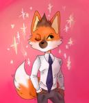 anthro clothed clothing fur male necktie one_eye_closed simple_background solo wink foxwithmoustache aggretsuko sanrio ookami_(aggretsuko) canid canine mammal maned_wolf 2018 digital_media_(artwork)