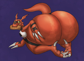 anthro ass_up big_butt bread bubble_butt butt butt_grab eating feet food glistening glistening_butt hand_on_butt huge_butt huge_hips huge_thighs hyper hyper_butt looking_at_viewer looking_back male markings multicolored_body nude pecs presenting presenting_hindquarters raised_tail rear_view red_body simple_background solo tail thick_thighs two_tone_body white_body wide_hips yellow_eyes rhynobullraq bandai_namco digimon digimon_(species) guilmon 2021