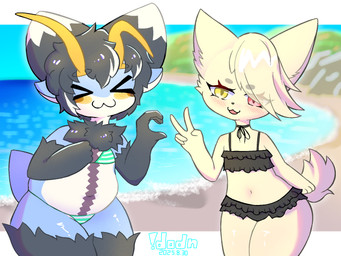 4_ears :3 antennae_(anatomy) anthro beach bikini black_body black_clothing black_ears black_fur black_hair black_nose black_swimwear blue_body blue_ears blue_tail blush brown_markings choker circle_eyebrows clothing duo eyebrows female female/female fluffy frilly frilly_clothing frilly_swimwear fur fur_tuft gesture green_bikini green_clothing green_swimwear hair hand_gesture jewelry kemono markings multi_ear multicolored_ears multicolored_hair navel necklace purple_markings red_eyes sea short_hair short_tail slightly_chubby swimwear tail tan_ears tan_hair tan_tail thick_thighs tuft two-piece_swimsuit v_sign water white_body white_ears x3 yellow_antennae yellow_eyes !dodn erro_(!dodn) hazuki_mikami_(hasukii) aquatic aquatic_gastropod canid canine gastropod mammal mollusk sea_snail snail 4:3 hi_res