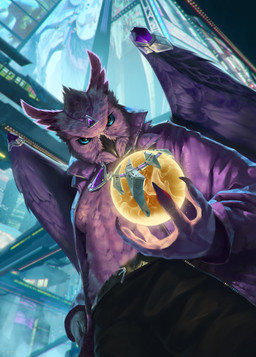 anthro city cyberpunk female futuristic_architecture lights night orb purple_body science_fiction solo thinking town conditional_dnp royz avian bird owl hi_res