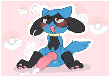 3_toes animal_genitalia animal_penis anthro balls big_penis biped blush border canine_genitalia canine_penis erection feet fur genitals hindpaw knot male open_mouth orgasm orgasm_face pawpads paws penis pokeball pokeball_background red_eyes simple_background sitting small_but_hung solo standard_pokeball star teeth toes white_border backsash nintendo pokemon canid canine generation_4_pokemon mammal pokemon_(species) riolu 2018 digital_media_(artwork)