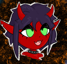 2_horns anthro black_collar collar disembodied_head eyelashes female freckled_face freckles green_eyes hair horn humanoid_only humanoid_pointy_ears jagged_mouth not_furry open_mouth pointy_ears purple_hair red_body red_skin solo spiked_collar spikes xui-zui demon imp headshot_portrait hi_res portrait
