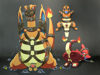 anus ball_gag ball_ring balls bdsm bondage bound evolutionary_family fire flaming_tail gag gagged genitals group halter harness harness_ball_gag harness_gag male membrane_(anatomy) membranous_wings muzzle_(object) muzzled orange_body orange_skin penis tail wings devilheart mythology nintendo pokemon charizard charmander charmeleon dragon generation_1_pokemon mythological_creature mythological_scalie pokemon_(species) scalie 4:3 hi_res